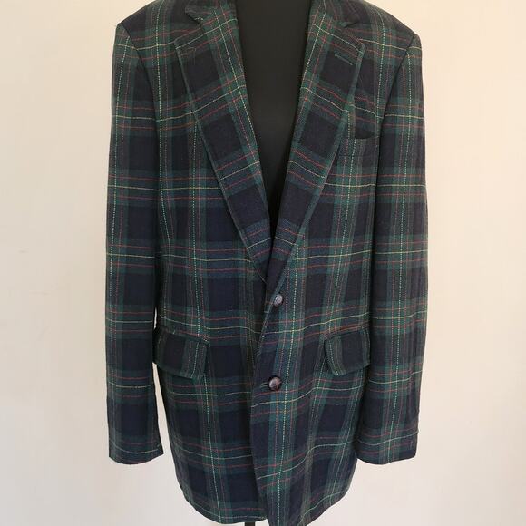 Vintage Navy and Green Plaid Wool 2 Button Blazer Holiday Inspired - Picture 1 of 10